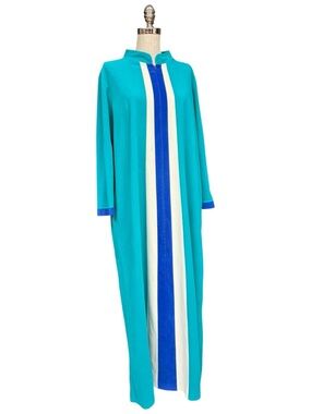 Vintage Teal Colorblock Stripe Maxi House Robe Becky Sharpe Size Large, Mod